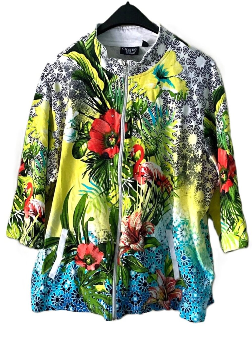 Onque Casual 2X Tropical Flamingo Floral Zip Tunic Jacket - Vacation Wear